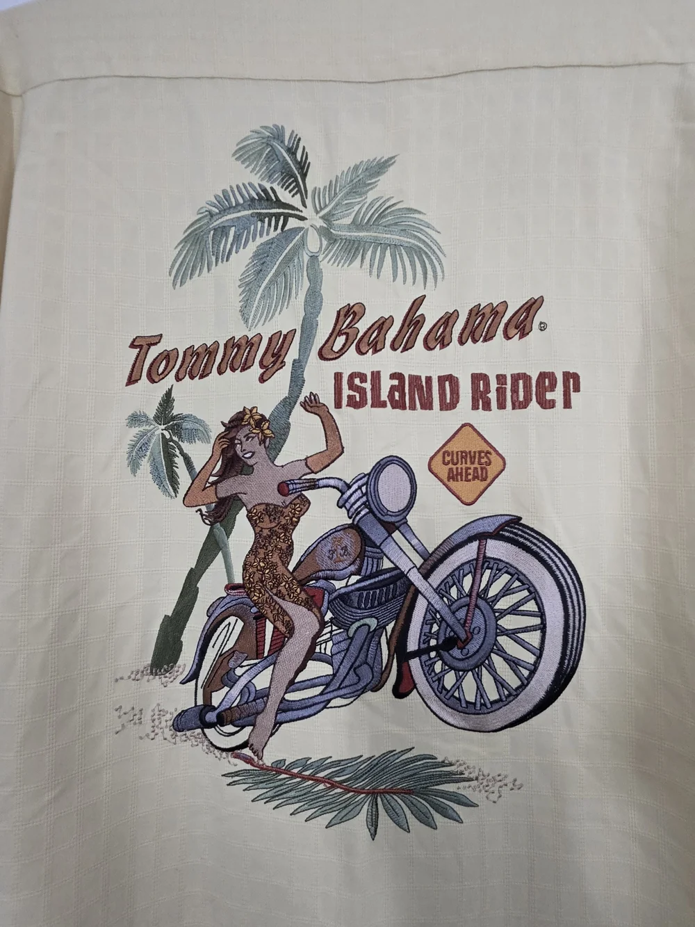Tommy Bahama Hawaiian Shirt XL Yellow Island Rider Motorcycle Emboridered Stains